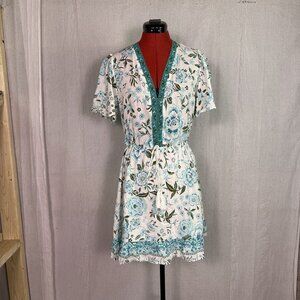 Leani Womens Blue Floral Print Short Sleeve Fit & Flare Dress Size M Rayon  E828